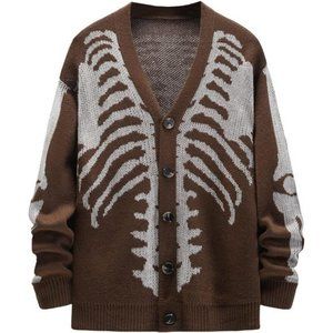 NWT Men's V-Neck Skeleton Print Long Sleeve Cardigan Sweaters, Coffee Brown